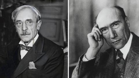 Collage von zwei historischen Fotos: Paul Valéry, 1935 und André Gide, ca. 1930.