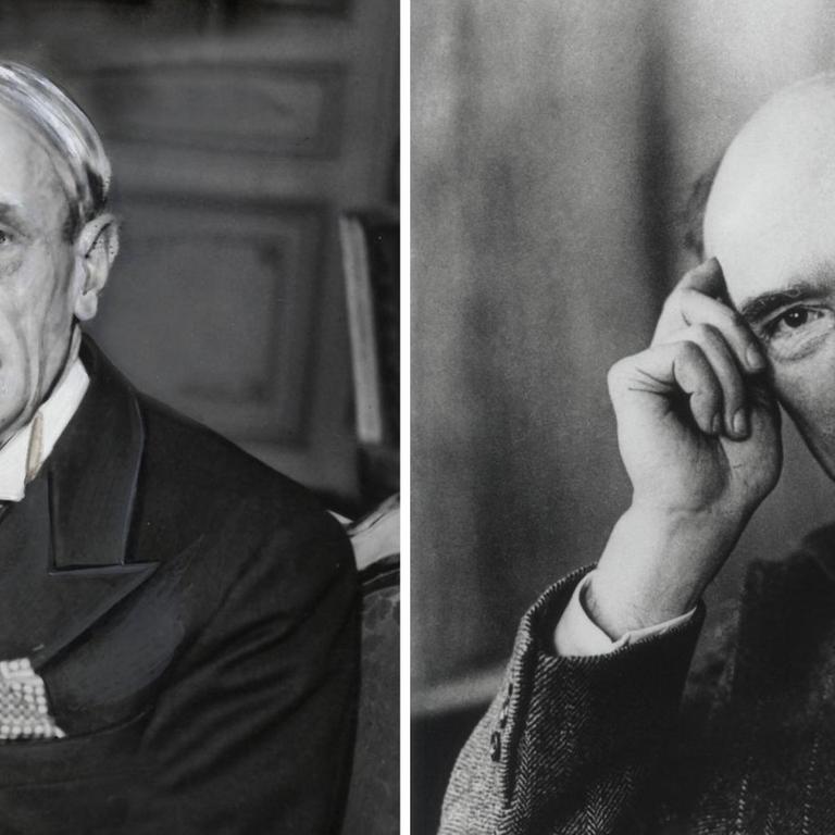 Collage von zwei historischen Fotos: Paul Valéry, 1935 und André Gide, ca. 1930.