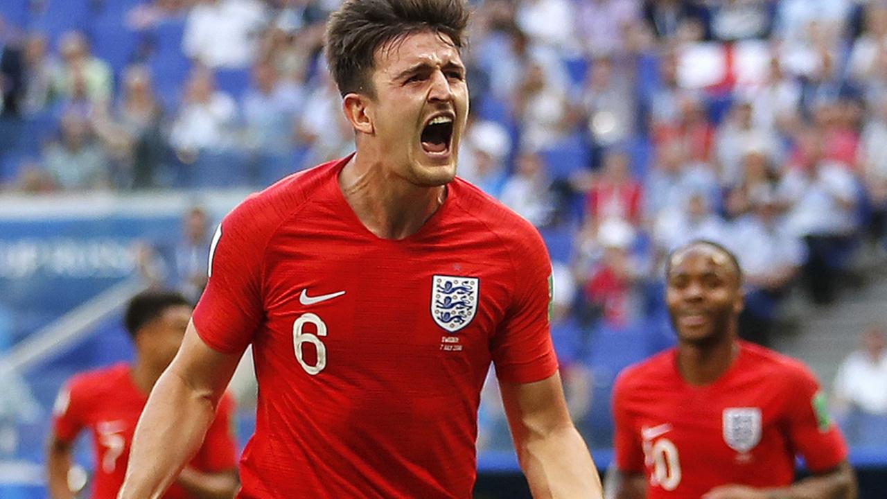 Englands Harry Maguire jubelt über sein 1:0 gegen Schweden. Englands Harry Maguire jubelt über sein 1:0 gegen Schweden.
