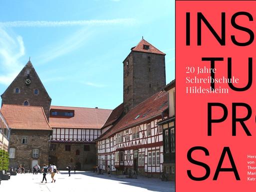 Zu sehen ist der Campus des Literaturinstituts Hildesheim und das Cover des Buches "Institutsprosa".