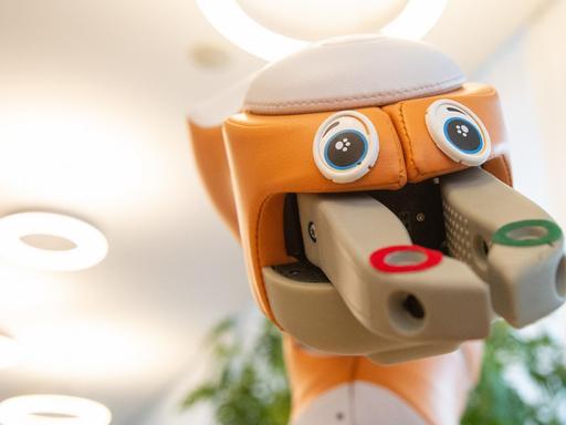 Ein Pflegeroboter mit orangenem Kopf, aufgeklebten Augen und Greifarmen anstelle von Nase und Mund.