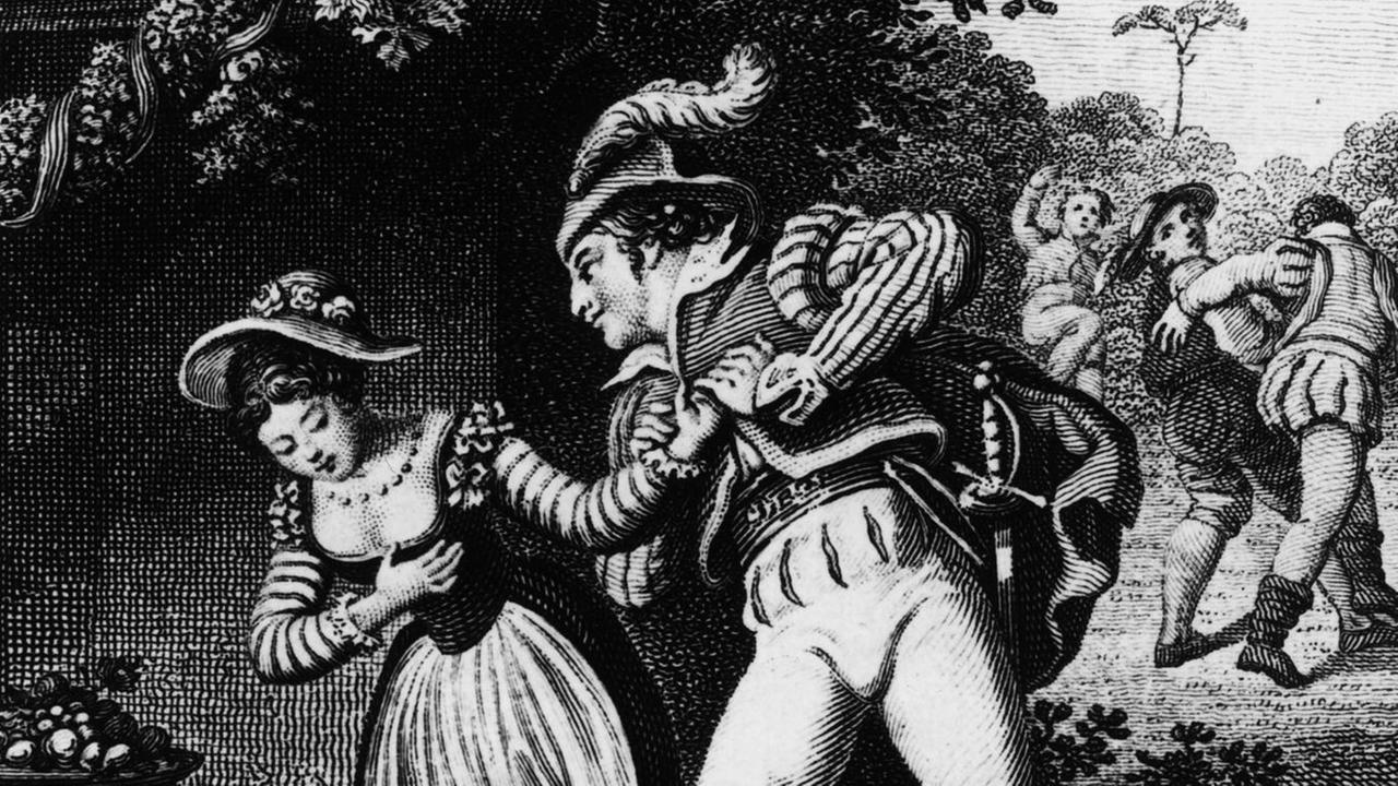 Kupferstich von Friedr. Wilhelm Meyer, mit den Figuren des Don Giovanni und Zerlina. Kupferstich von Friedr. Wilhelm Meyer, mit den Figuren des Don Giovanni und Zerlina.