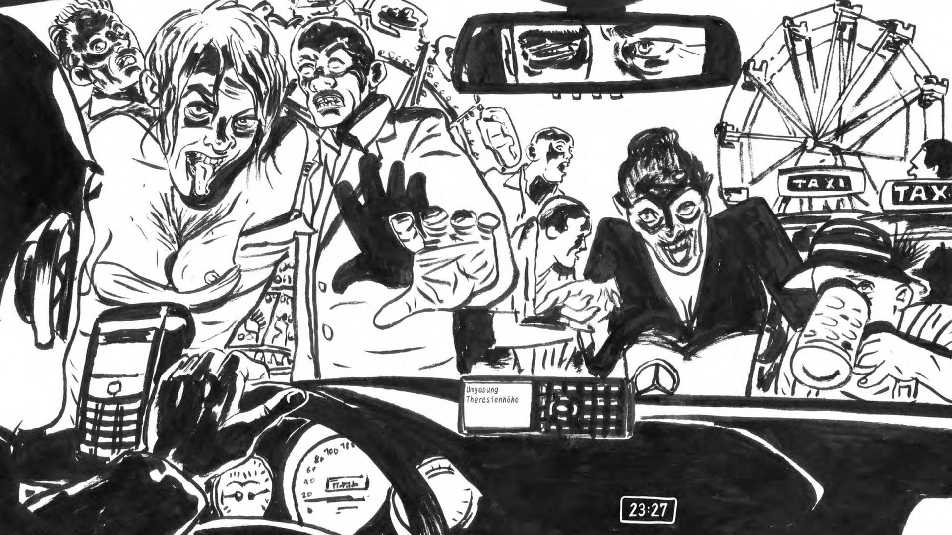 Szene aus der Graphic Novel "Nachts im Paradies" von Frank Schmolke . Der Autor zeichnet in schwarzweiss Bildern die Geschichte des Münchner Taxifahrers Vincent und zeigt eindringlich die ungewisse Zukunft des Taxigewerbes und die Kehrseite des Münchner Oktoberfestes. Szene aus der Graphic Novel "Nachts im Paradies" von Frank Schmolke . Der Autor zeichnet in schwarzweiss Bildern die Geschichte des Münchner Taxifahrers Vincent und zeigt eindringlich die ungewisse Zukunft des Taxigewerbes und die Kehrseite des Münchner Oktoberfestes.