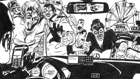 Szene aus der Graphic Novel "Nachts im Paradies" von Frank Schmolke . Der Autor zeichnet in schwarzweiss Bildern die Geschichte des Münchner Taxifahrers Vincent und zeigt eindringlich die ungewisse Zukunft des Taxigewerbes und die Kehrseite des Münchner Oktoberfestes.