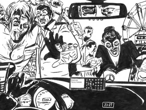 Szene aus der Graphic Novel "Nachts im Paradies" von Frank Schmolke . Der Autor zeichnet in schwarzweiss Bildern die Geschichte des Münchner Taxifahrers Vincent und zeigt eindringlich die ungewisse Zukunft des Taxigewerbes und die Kehrseite des Münchner Oktoberfestes.
