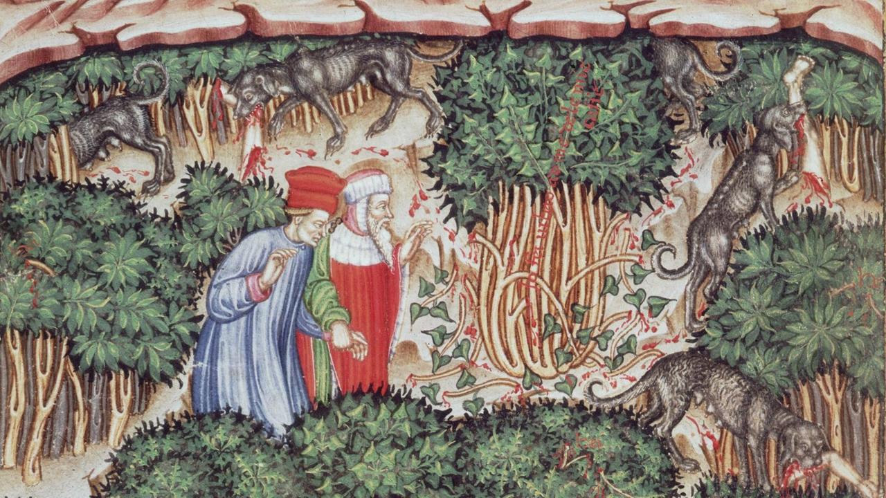 Buchmalerei aus der Göttlichen Komödie (1307-1321), Dante und Vergil durchwandern im Inferno den Wald der Selbstmörder. Buchmalerei aus der Göttlichen Komödie (1307-1321), Dante und Vergil durchwandern im Inferno den Wald der Selbstmörder.