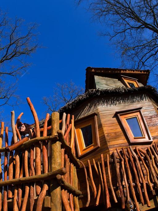 Ein Baumhaus im Stil einer historischen Forscherhütte des Südamerika-Reisenden Alexander von Humboldt (1769-1859) ist am 12.03.2014 im Zoo von Schwerin (Mecklenburg-Vorpommern) zu sehen.