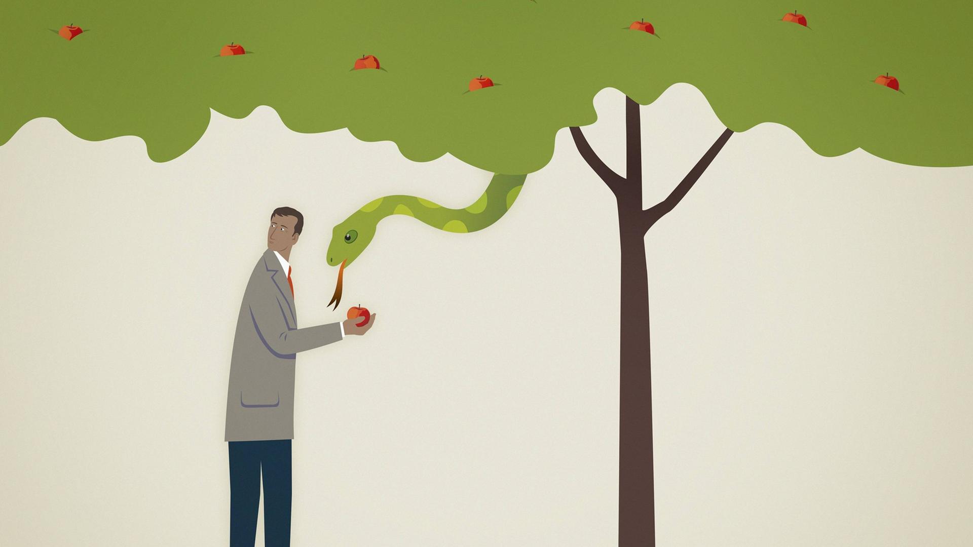 Eine Schlange schaut einen Geschäftsmann an, der einen Apfel von einem Baum gepflückt hat. Eine Schlange schaut einen Geschäftsmann an, der einen Apfel von einem Baum gepflückt hat.