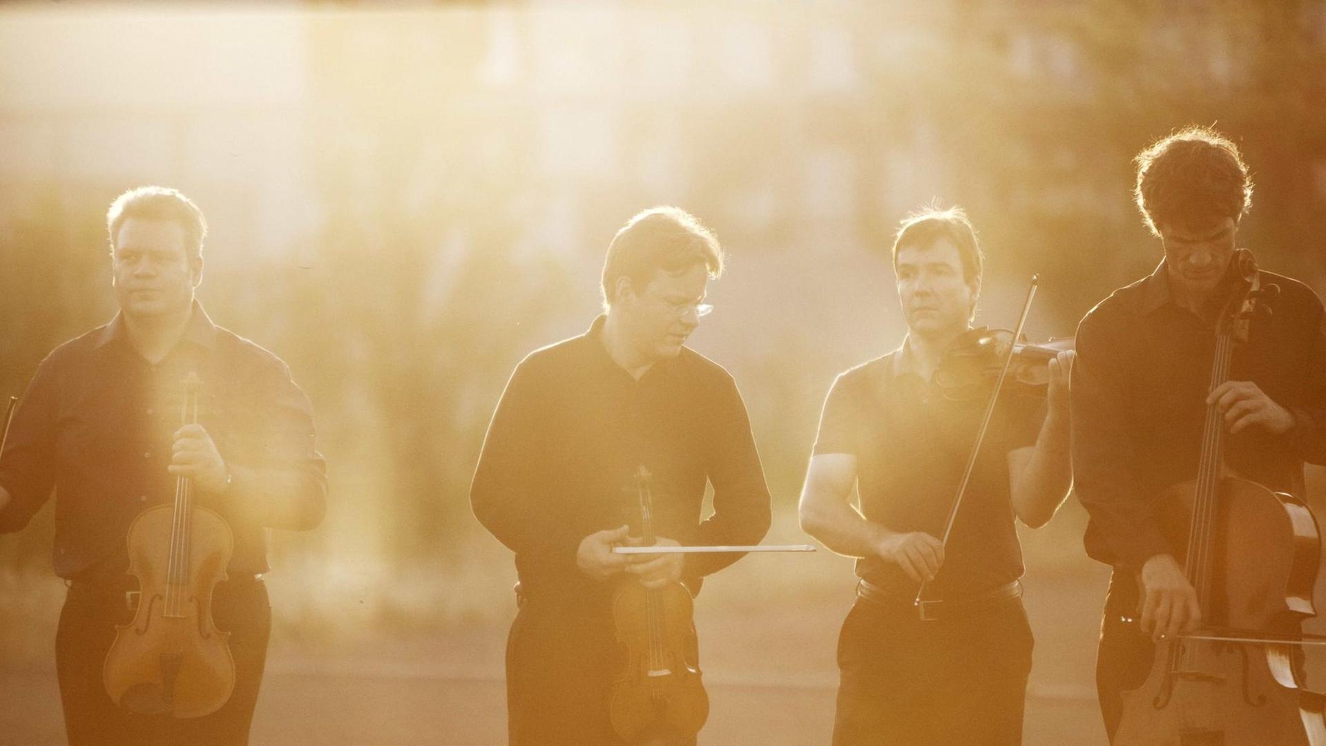 Vier Musiker mit Instrumenten stehen in einem Park bei Gegenlicht.