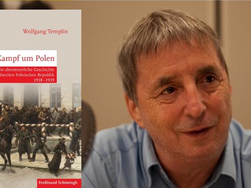Das Buchcover "Der Kampf um Polen"; Im Hintergrund der Autor Wolfgang Templin beim Zeitzeugengespräch im Berliner Funkhaus am 16.08.2017.