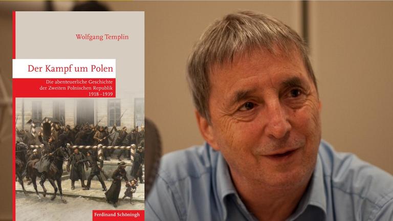Das Buchcover "Der Kampf um Polen"; Im Hintergrund der Autor Wolfgang Templin beim Zeitzeugengespräch im Berliner Funkhaus am 16.08.2017. Das Buchcover "Der Kampf um Polen"; Im Hintergrund der Autor Wolfgang Templin beim Zeitzeugengespräch im Berliner Funkhaus am 16.08.2017.