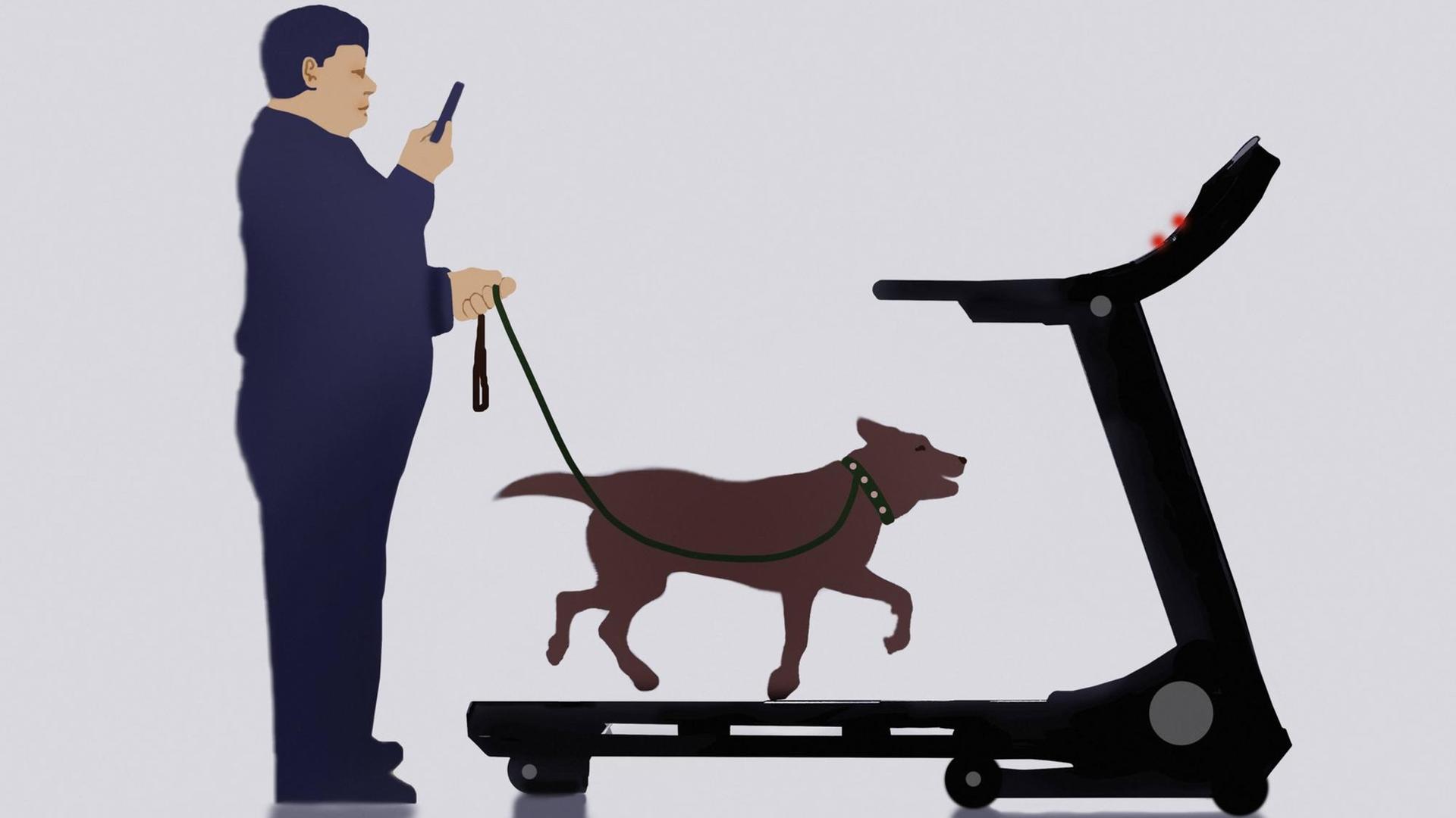 Illustration: Übergewichtiger Mann steht still und benutzt eine Laufmaschine, um mit dem Hund Gassi zu gehen.
