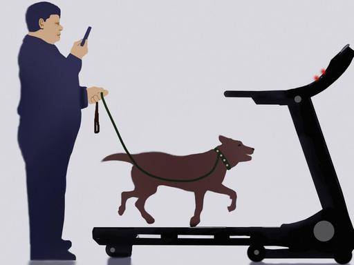 Illustration: Übergewichtiger Mann steht still und benutzt eine Laufmaschine, um mit dem Hund Gassi zu gehen.