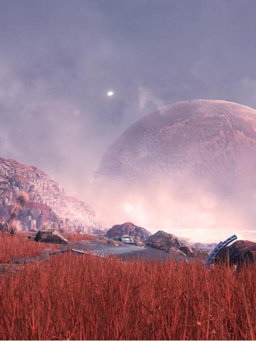 Ein Bild aus dem Spiel "The Solus Project" - mehrere Planeten sind nah am Himmel über einer fremdartigen Landschaft zu sehen