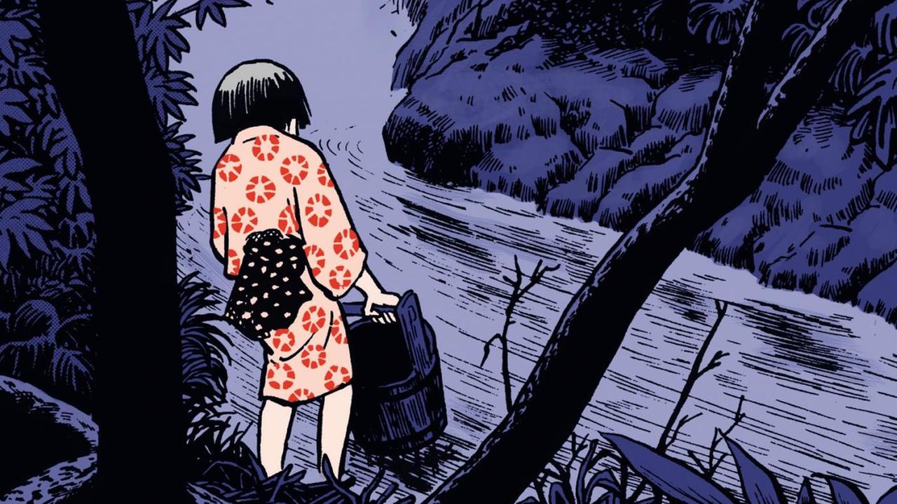 Das Covermotiv des Mangas Rote Blüten zeigt eine Frau im japanischen Kimono von hinten Das Covermotiv des Mangas Rote Blüten zeigt eine Frau im japanischen Kimono von hinten
