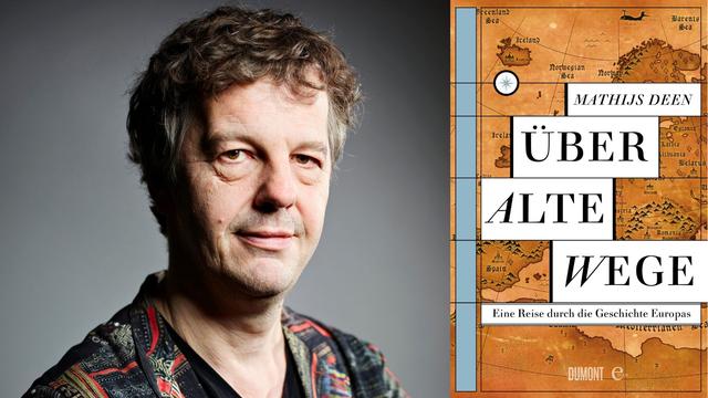 Zu sehen ist der Autor Mathijs Deen und das Cover seines Buches "Über alte Wege. Eine Reise durch die Geschichte Europas."