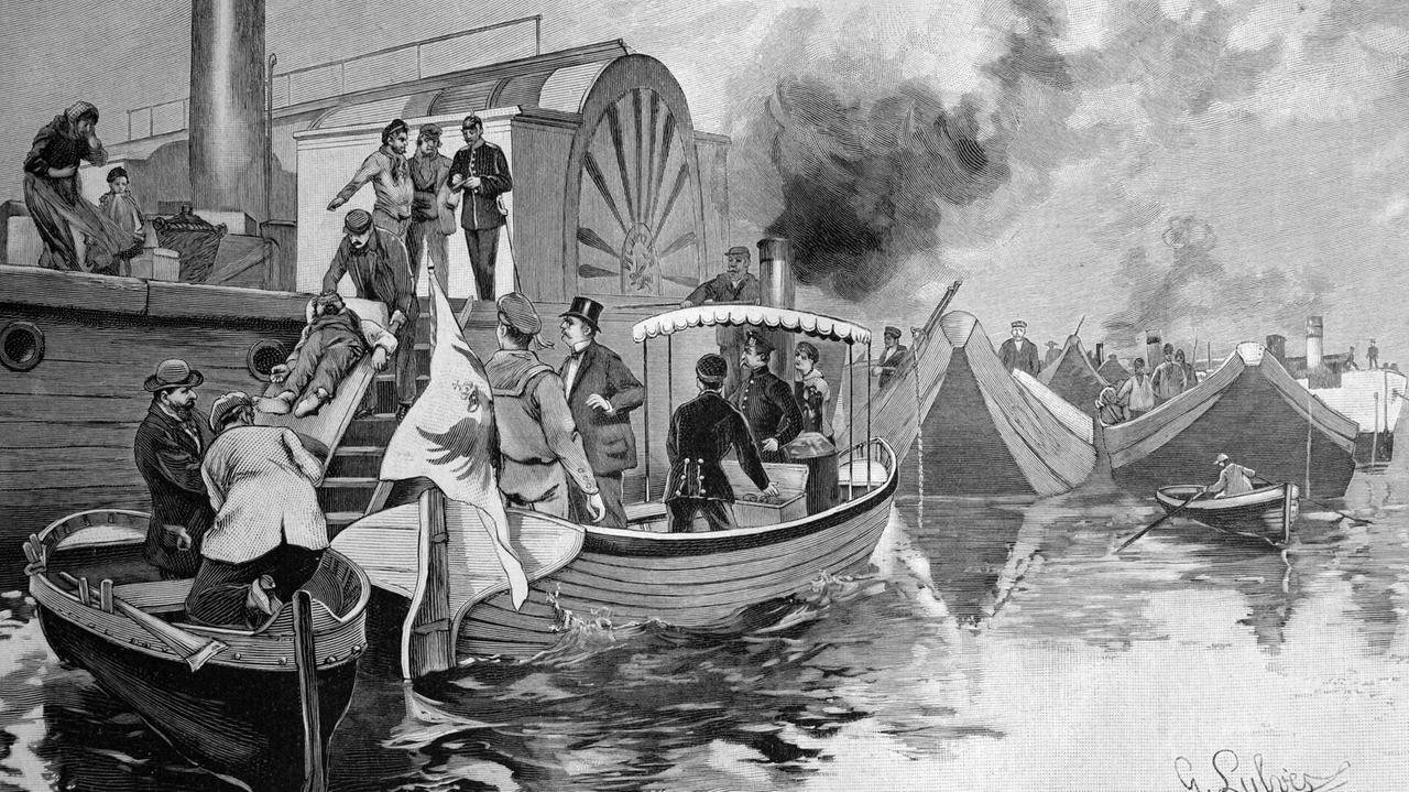 Transport eines choleraverdächtigen Schiffes durch einen Polizeidampfer auf der Havel bei Spandau, Deutschland, historisches Bild, ca. 1893
