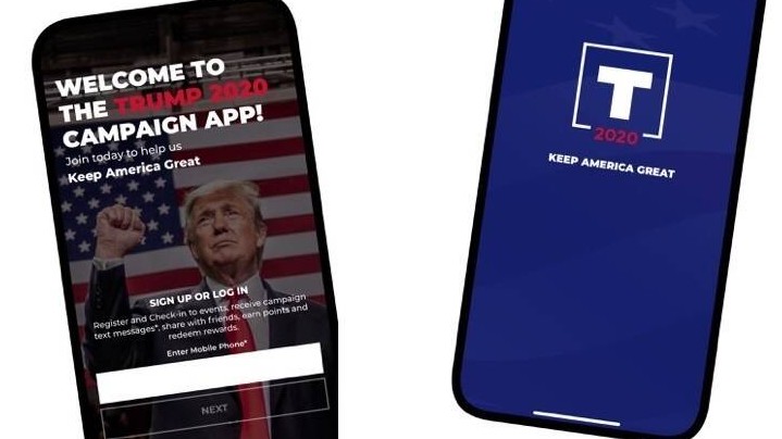 Eine Fotografie zeigt ein Handy mit der offiziellen Wahlkampf-App von Donald Trump 2020. 