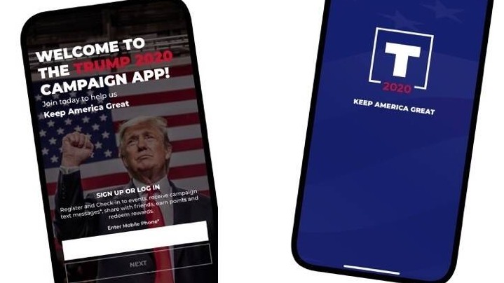 Eine Fotografie zeigt ein Handy mit der offiziellen Wahlkampf-App von Donald Trump 2020. Eine Fotografie zeigt ein Handy mit der offiziellen Wahlkampf-App von Donald Trump 2020.