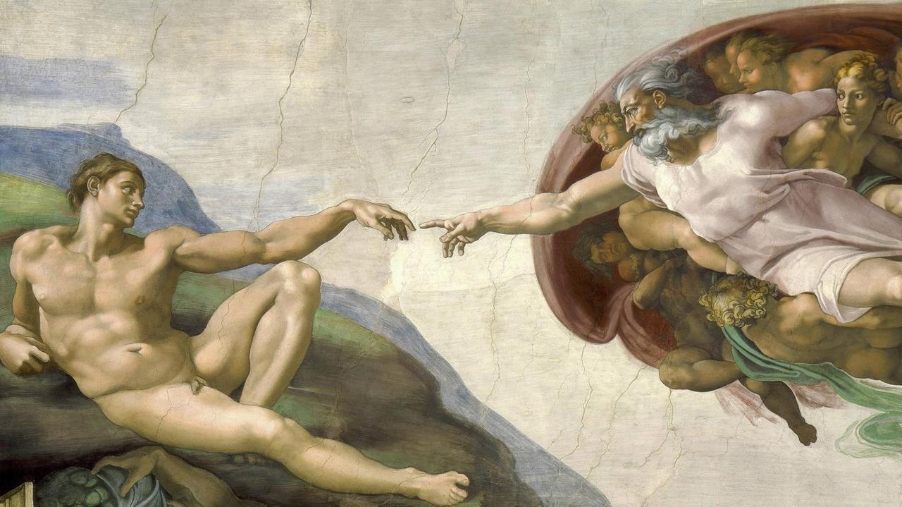 Die Erschaffung Adams: ein Ausschnitt aus dem Deckenfresko des Malers Michelangelo in der Sixtinischen Kapelle.