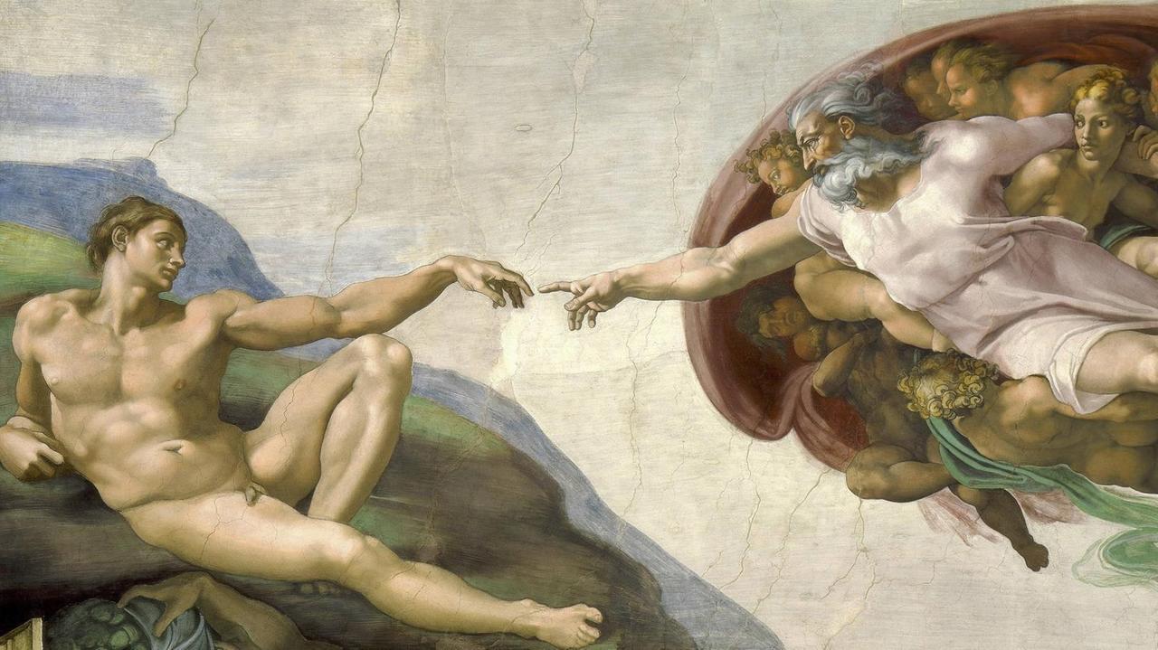 Die Erschaffung Adams: ein Ausschnitt aus dem Deckenfresko des Malers Michelangelo in der Sixtinischen Kapelle. Die Erschaffung Adams: ein Ausschnitt aus dem Deckenfresko des Malers Michelangelo in der Sixtinischen Kapelle.