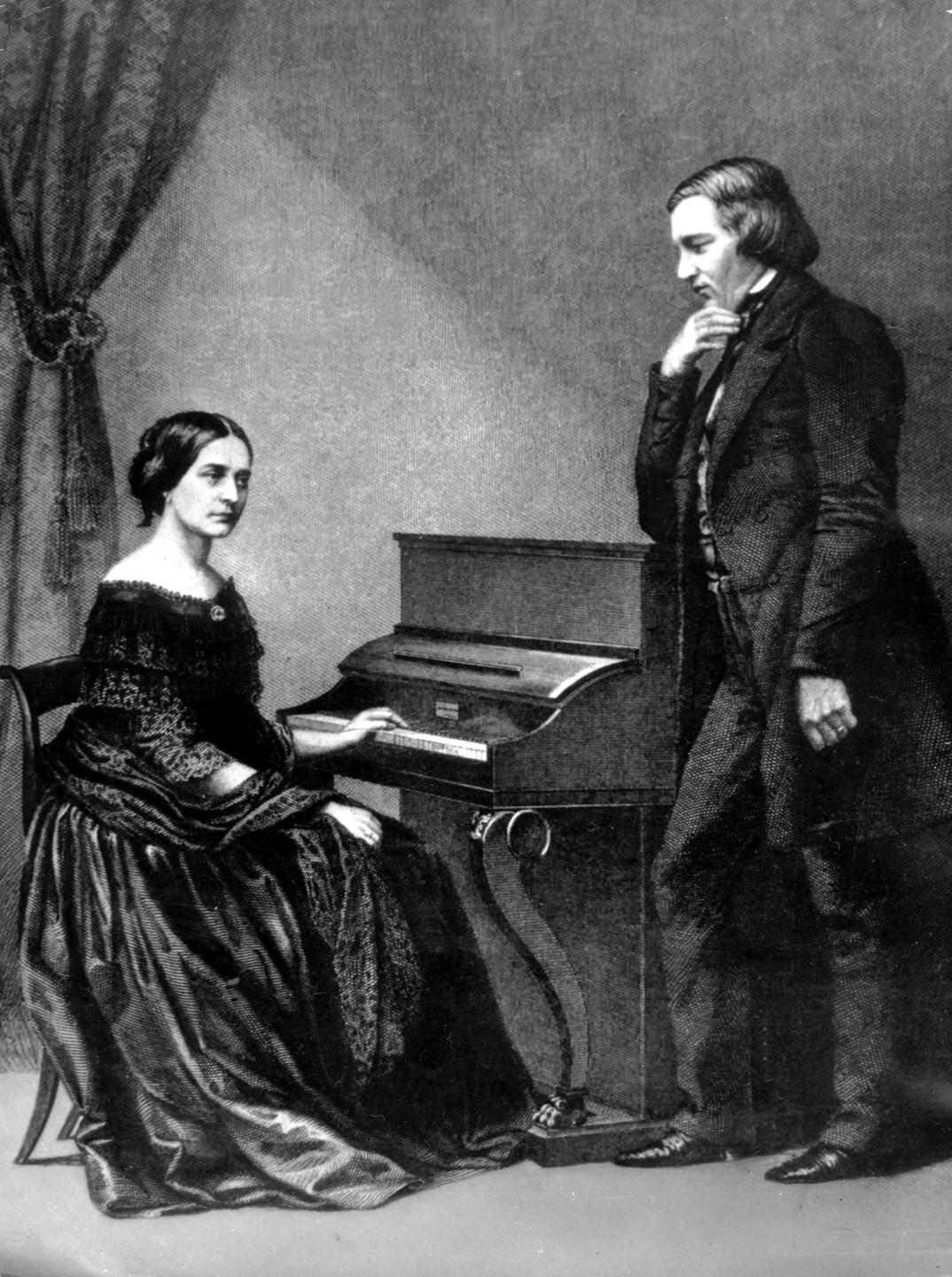 Die deutsche Pianistin Clara Schumann mit ihrem Mann Robert in einer zeitgenössischen Darstellung mit ihrem Mann.