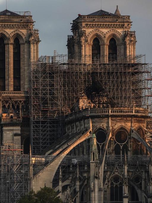 Kathedrale Notre-Dame bei Sonnenaufgang nach einem Großbrand in Paris, Frankreich.