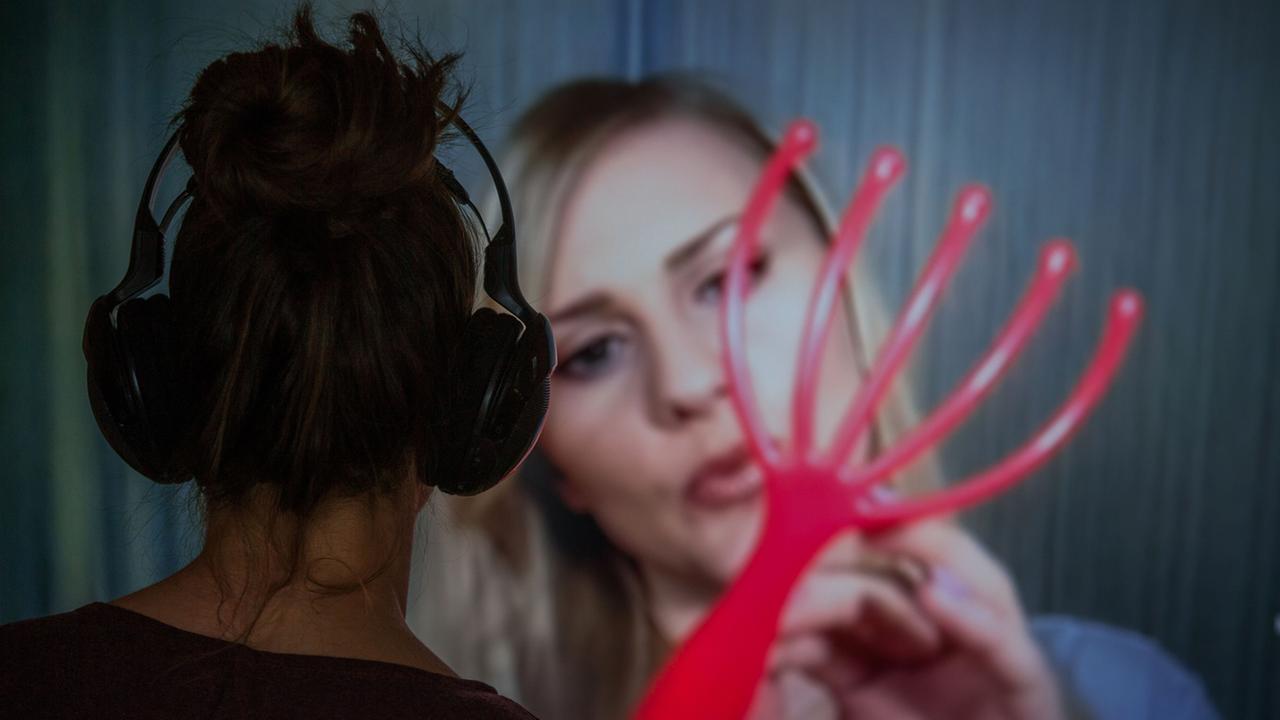 Eine junge Frau verfolgt die Sendung "Gentle Whispering" (Sanftes Flüstern) auf einem YouTube Kanal. Eine junge Frau verfolgt die Sendung "Gentle Whispering" (Sanftes Flüstern) auf einem YouTube Kanal.