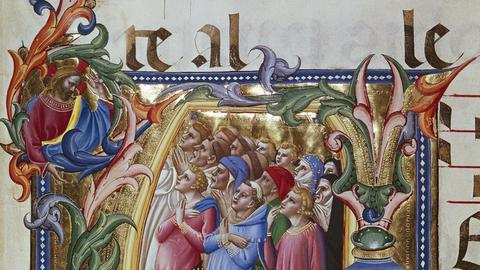 Anfangsbuchstabe eines Chorals, verzierte Seite eines Chorbuches mit der Darstellung von mittelalterlichen Mönchen.