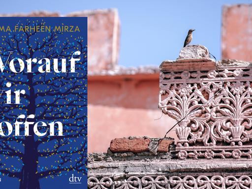 Buchcover des Romans "Worauf wir hoffen" von Fatima Fahreen Mirza auf einem Hintergrundbild, das einen kleinen Vogel auf einer halb zerstörten Mauer zeigt.