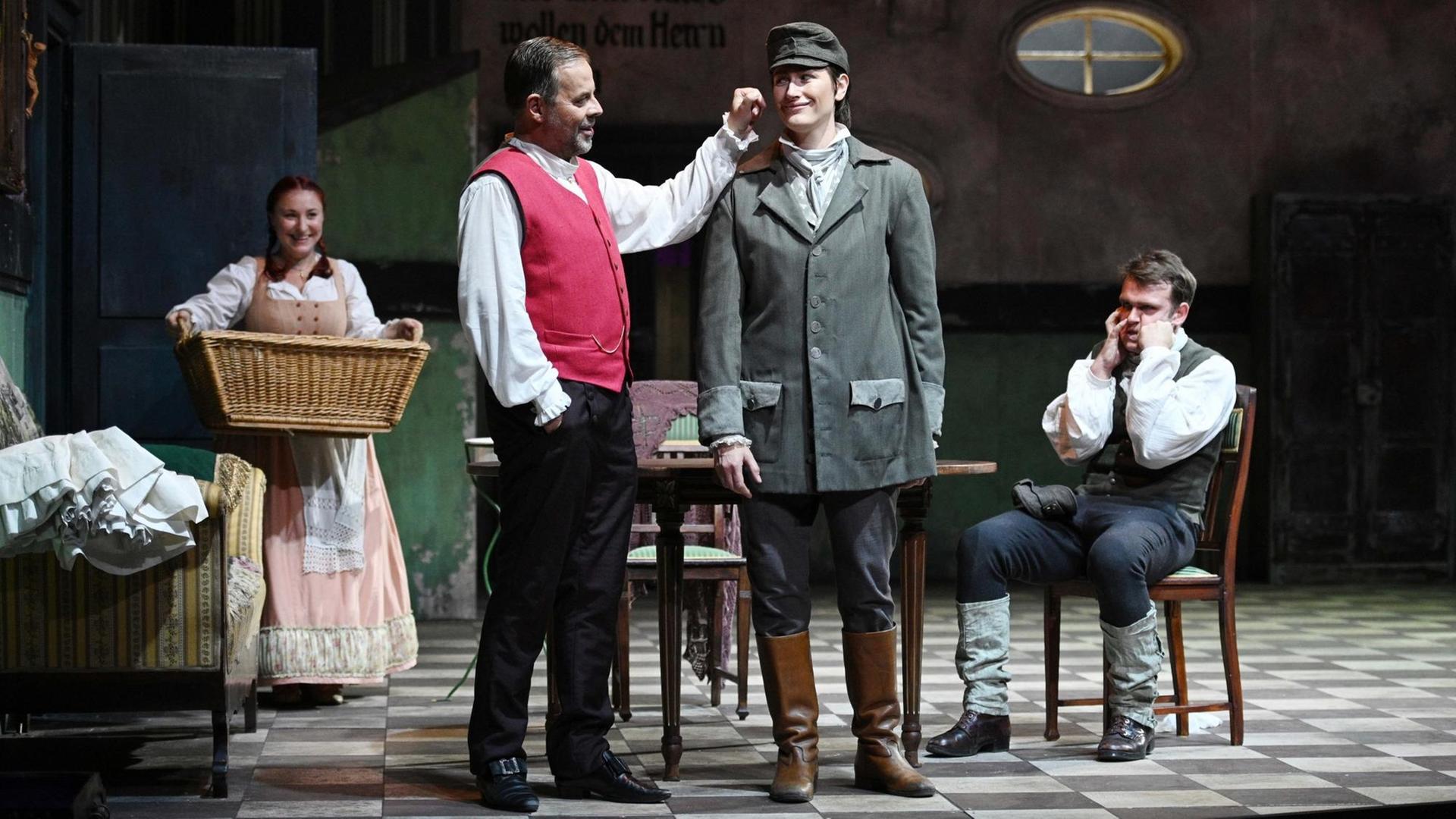 Maryna Zbko, Guido Jentjens, Erica Eloff und Luke Sinclair in der "Fidelio"-Inszenierung am Theater Ulm Maryna Zbko, Guido Jentjens, Erica Eloff und Luke Sinclair in der "Fidelio"-Inszenierung am Theater Ulm