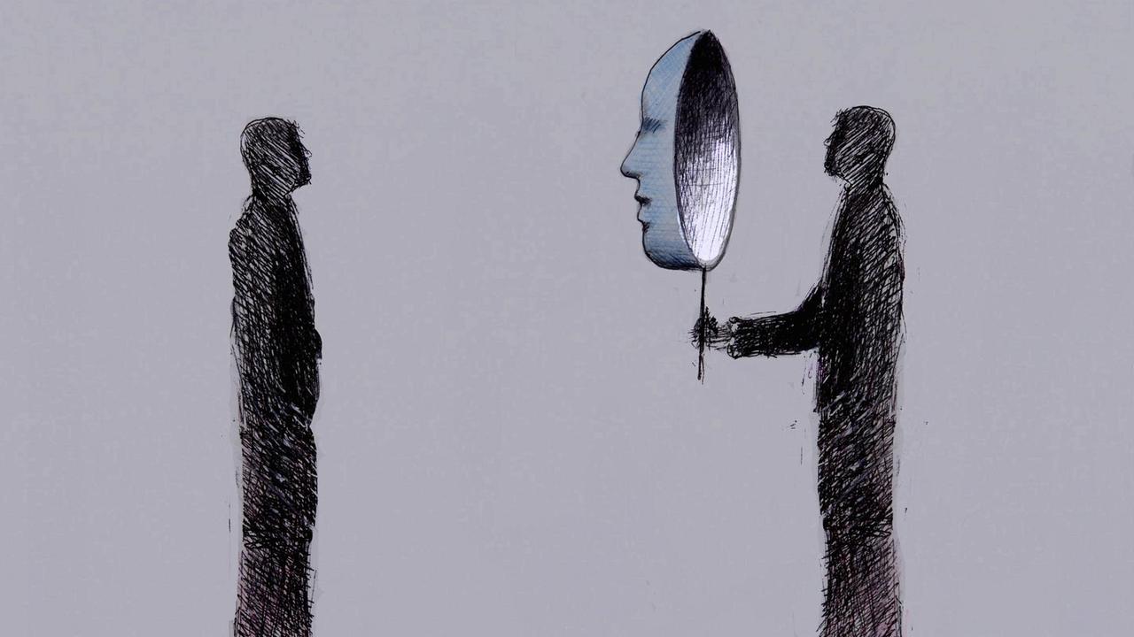 Zeichnung eines Mannes mit Maske vor anderem Mann Zeichnung eines Mannes mit Maske vor anderem Mann