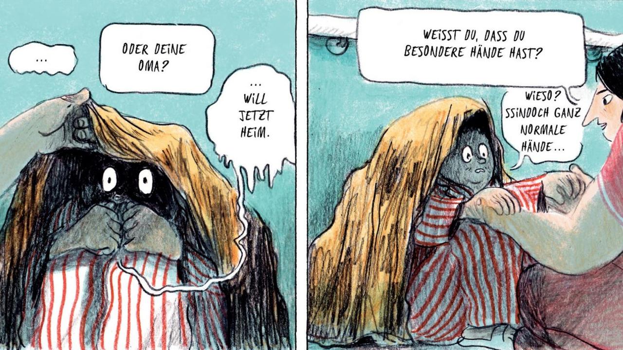 Im Panel aus "Der Umfall" kauert sich der Protagonist unter einer Decke zusammen und will nach Hause. Im Panel aus "Der Umfall" kauert sich der Protagonist unter einer Decke zusammen und will nach Hause.