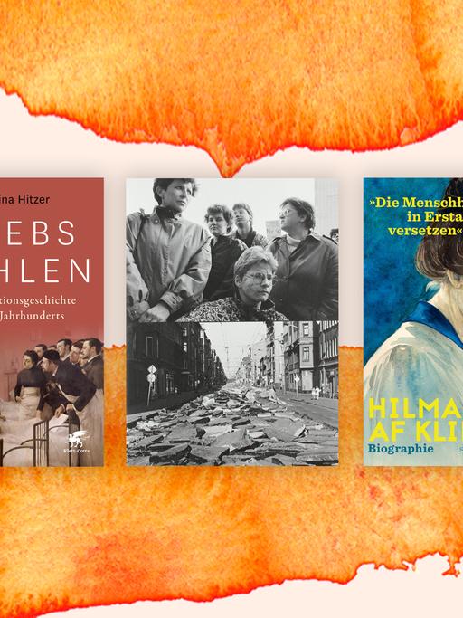 Buchcover der fünf nominierten Bücher für den Sachbuchpreis der Leipziger Buchmesse 2020 auf einer orangenen Fläche.