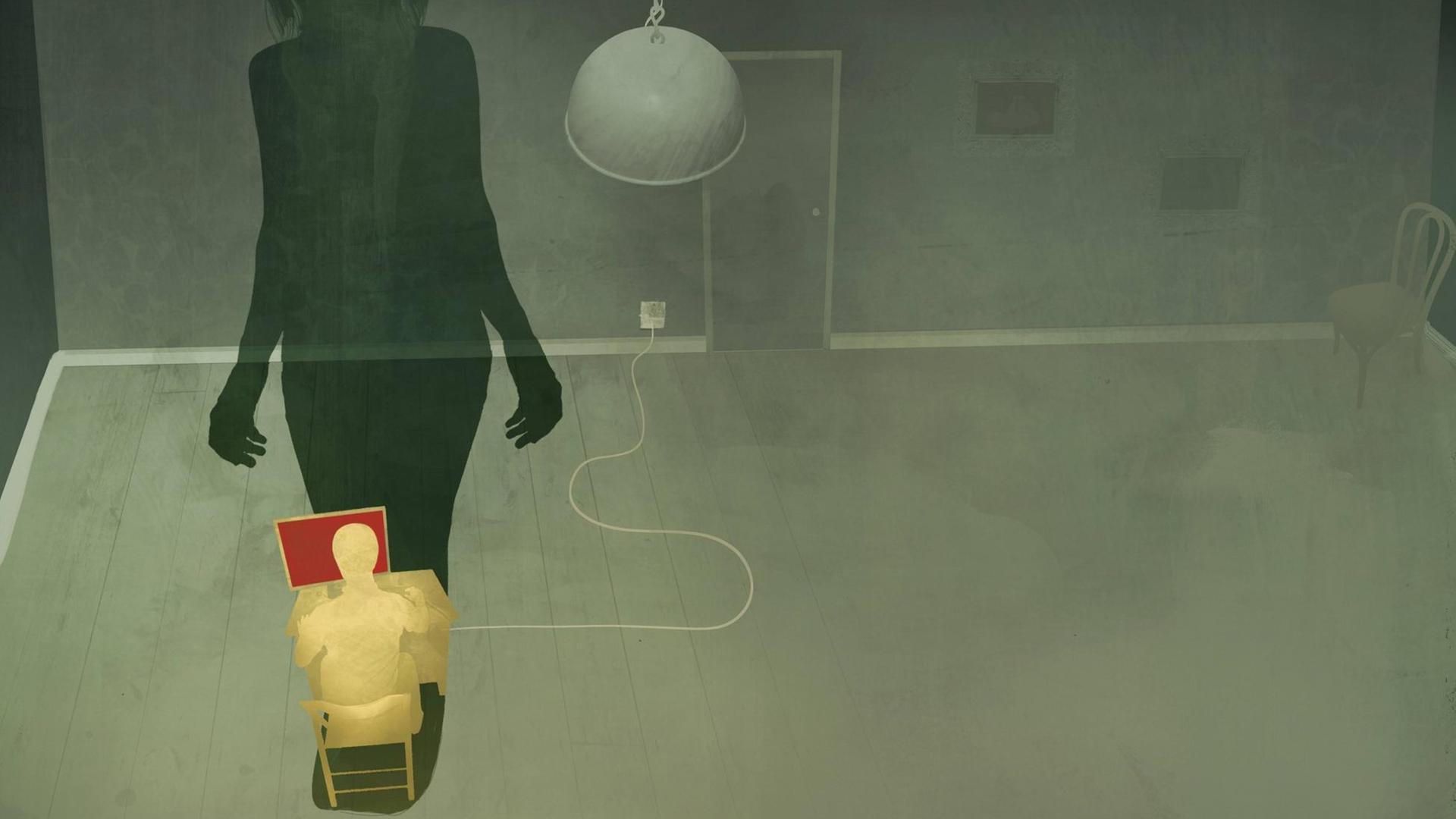 Illustration: Schatten eines Menschen über einem Mann, der am Laptop sitzt in einem leeren Raum. Illustration: Schatten eines Menschen über einem Mann, der am Laptop sitzt in einem leeren Raum.