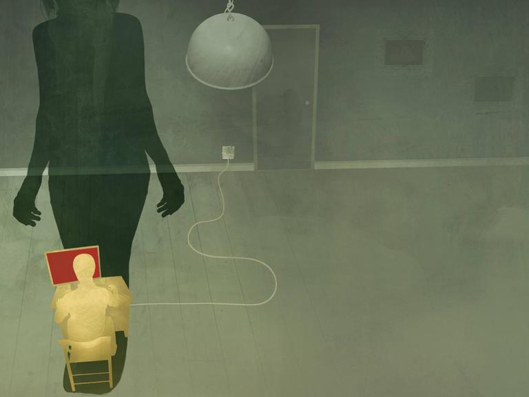 Illustration: Schatten eines Menschen über einem Mann, der am Laptop sitzt in einem leeren Raum.