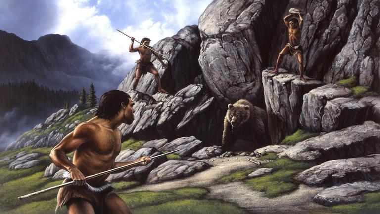 Sie sehen eine Zeichnung, auf dem Neandertaler einen Höhlenbären jagen.