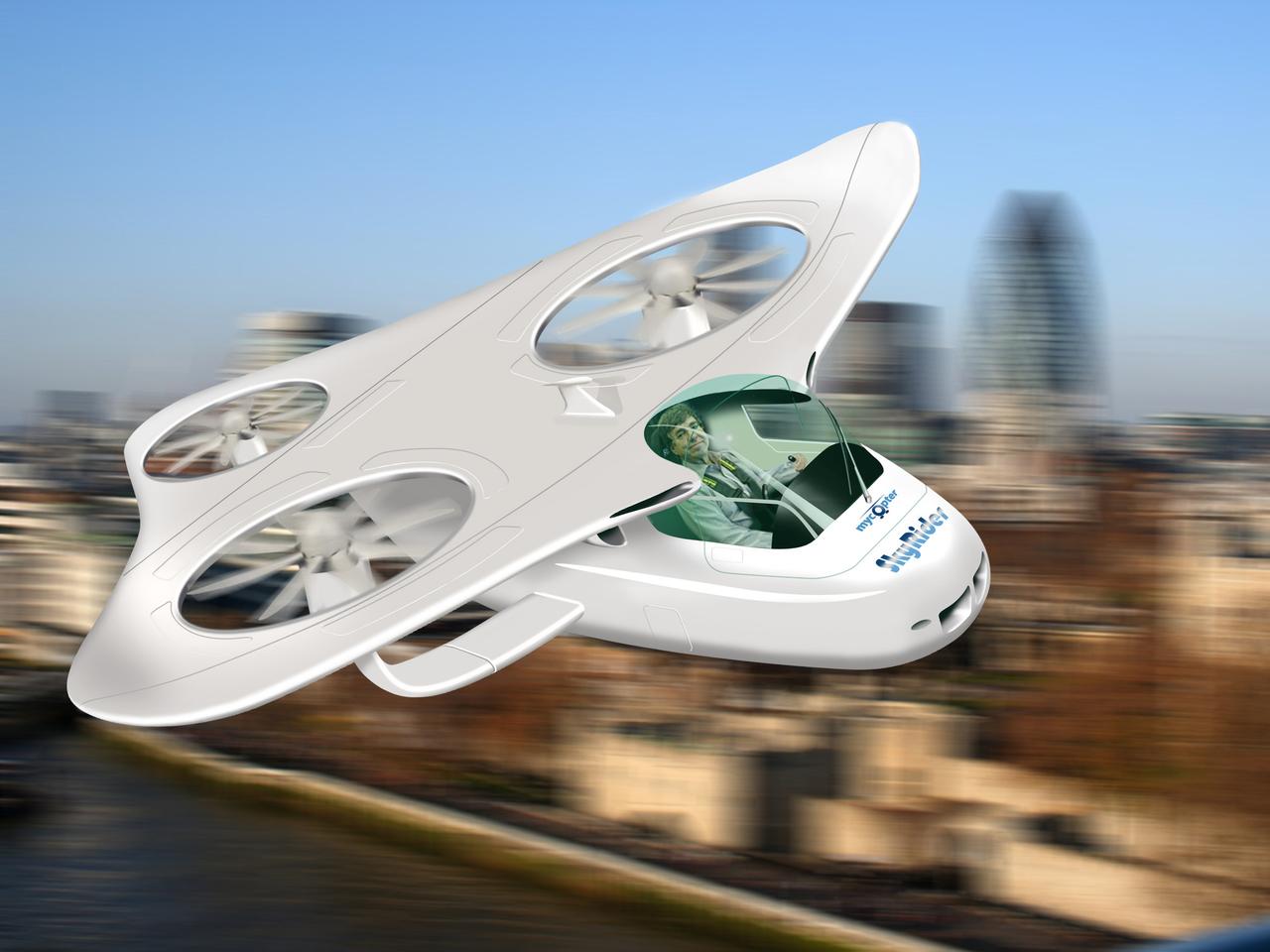 Ein einsitziges Luftfahrzeug fliegt mit drei horizontalen Rotoren an einer nur schemenhaft erkennbaren Stadtkulisse entlang. Ein einsitziges Luftfahrzeug fliegt mit drei horizontalen Rotoren an einer nur schemenhaft erkennbaren Stadtkulisse entlang.