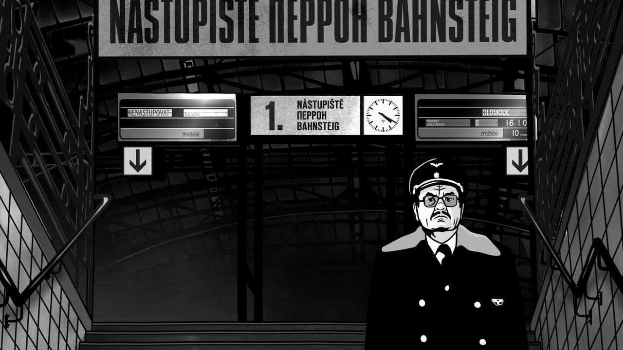 Szene aus Tomás Lunáks Verfilmung von "Alois Nebel": Ein ernst schauender Bahnwärter auf den Treppen eines Bahnsteigs, weiße Kacheln an den Wänden rechts und links - alles in schwarz-weiß Szene aus Tomás Lunáks Verfilmung von "Alois Nebel": Ein ernst schauender Bahnwärter auf den Treppen eines Bahnsteigs, weiße Kacheln an den Wänden rechts und links - alles in schwarz-weiß