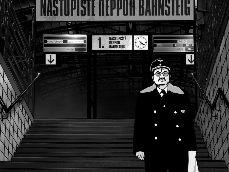 Szene aus Tomás Lunáks Verfilmung von "Alois Nebel": Ein ernst schauender Bahnwärter auf den Treppen eines Bahnsteigs, weiße Kacheln an den Wänden rechts und links - alles in schwarz-weiß
