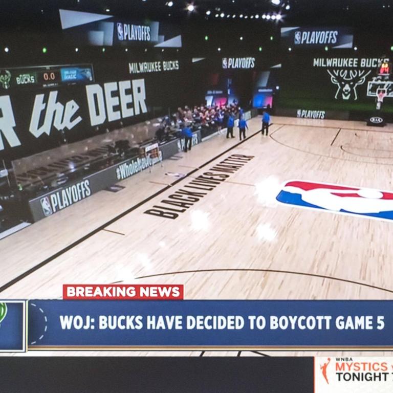 August 26, 2020, Orlando, Florida, USA - A screen grab from ESPN s coverage of the Milwaukee Bucks refusing to play today s scheduled playoff game against the Orlando Magic. After a team meeting, the Bucks decided to boycott their game in the wake of the shooting of yet another Black man, Jacob Blake, at the hands of a white policeman, this time in Kenosha, Wisconsin. After the Bucks declined to play, the Rockets also decided to boycott. Other teams have now joined the boycott, and no playoff games will be played tonight. Orlando U.S. - ZUMAce6_ 20200826_zaf_ce6_001 Copyright: xCourtesyxEspnx 