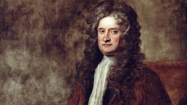 Der Physiker und Philosoph Sir Isaac Newton auf einem Gemälde der Royal Society, London Der Physiker und Philosoph Sir Isaac Newton auf einem Gemälde der Royal Society, London