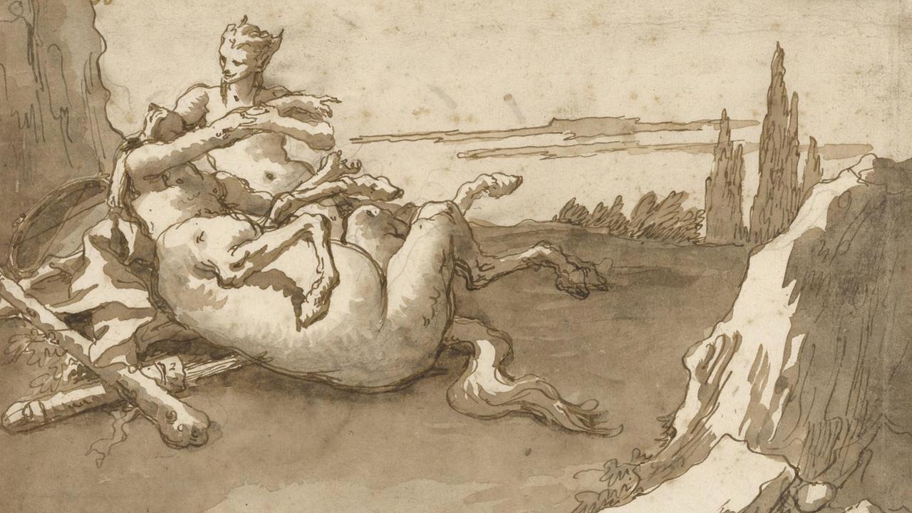 Zeichnung eines ineinander verschlungenen Kentaurs und Fauns in Naturlandschaft.