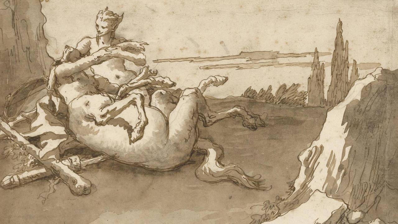 Zeichnung eines ineinander verschlungenen Kentaurs und Fauns in Naturlandschaft. Zeichnung eines ineinander verschlungenen Kentaurs und Fauns in Naturlandschaft.