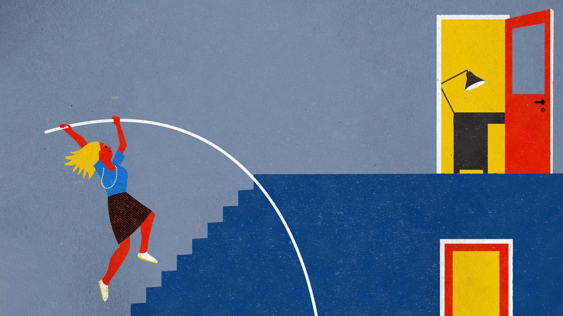 Die Illustration zeigt eine Frau, die mit einem Hochsprung-Stab eine Treppe aufwärts überwindet. Die Illustration zeigt eine Frau, die mit einem Hochsprung-Stab eine Treppe aufwärts überwindet.