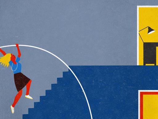 Die Illustration zeigt eine Frau, die mit einem Hochsprung-Stab eine Treppe aufwärts überwindet.
