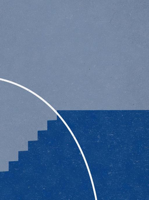  Die Illustration zeigt eine Frau, die mit einem Hochsprung-Stab eine Treppe aufwärts überwindet.