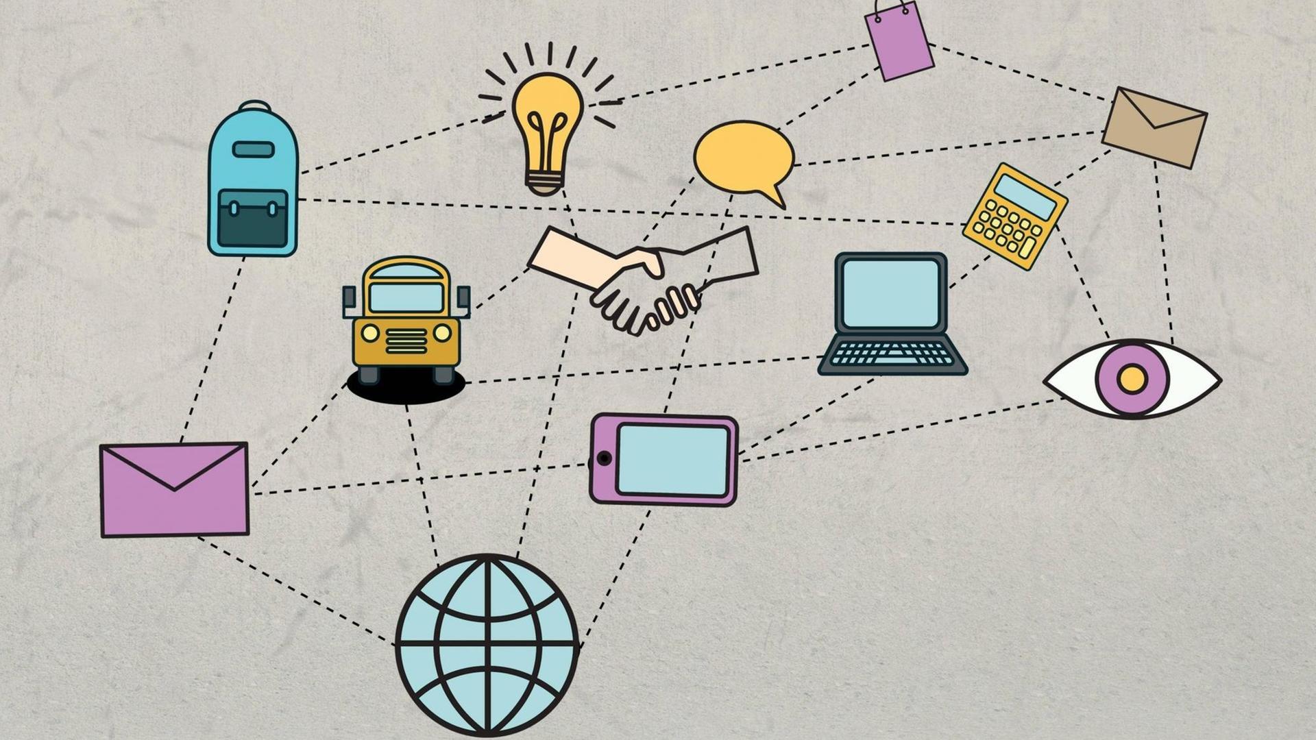 Eine Illustration, in denen Symbole wie Laptop, Handy und Brief miteinander vernetzt werden. Eine Illustration, in denen Symbole wie Laptop, Handy und Brief miteinander vernetzt werden.