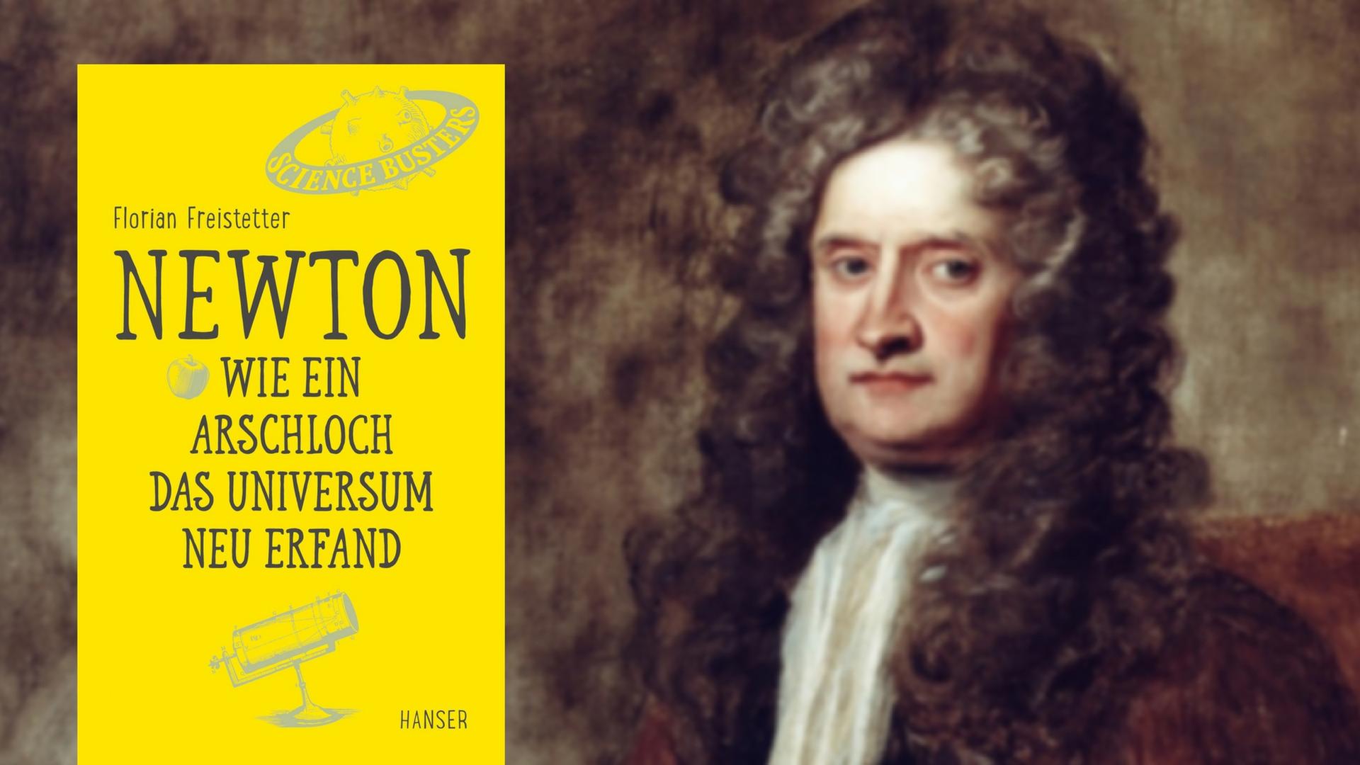 Buchcover von "Newton. Wie ein Arschloch das Universum erfand", im Hintergrund ein Porträtgemälde von Sir Isaac Newton. Buchcover von "Newton. Wie ein Arschloch das Universum erfand", im Hintergrund ein Porträtgemälde von Sir Isaac Newton.
