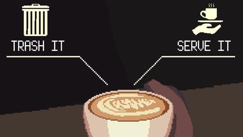 Eine Kaffeetasse, über der die zwei Optionen "Trash it" und "Serve it" stehen.